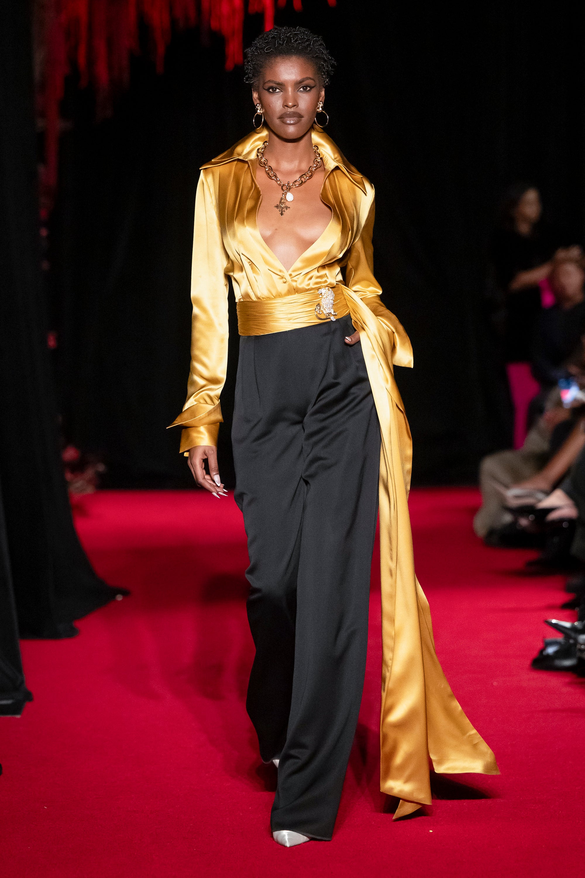 LaQuan Smith Deep V Neck Pleated Blouse